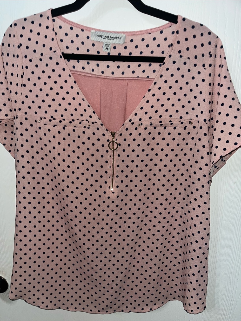Tempted Hearts Blush Pink Polka Dot Zip V-Neck Blouse